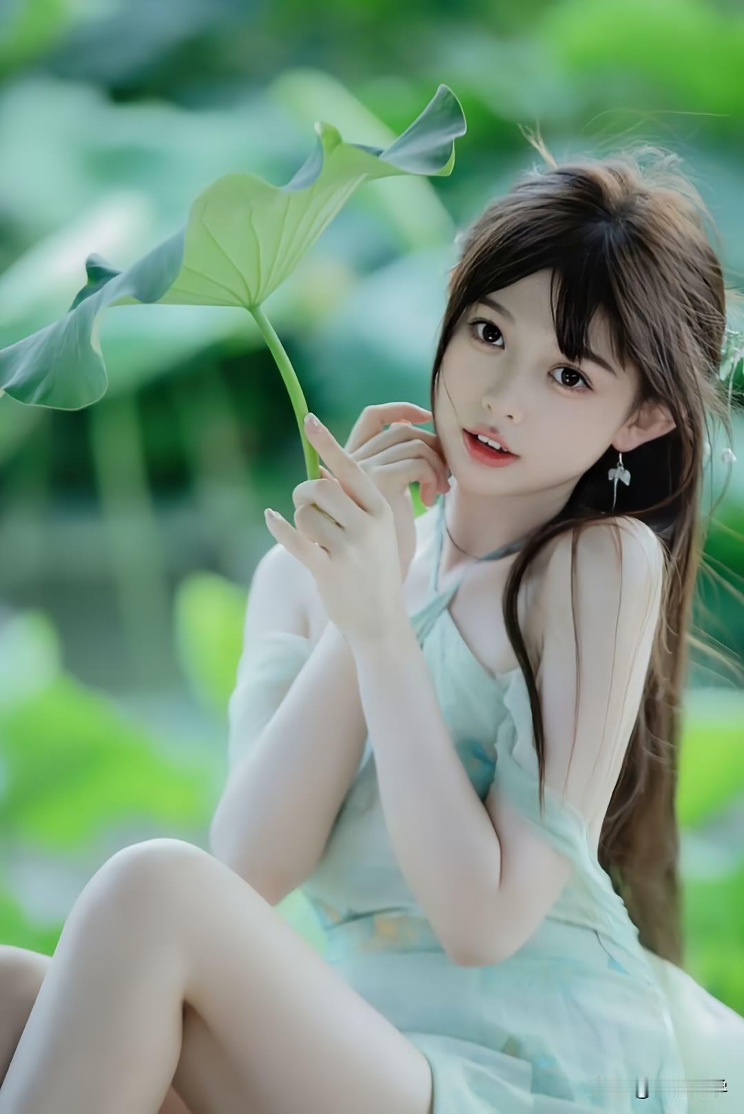 “碧叶轻摇，少女含笑”，这画面美得像幅画。就像去钓鱼亭赏荷，远远看到一大片碧叶亭
