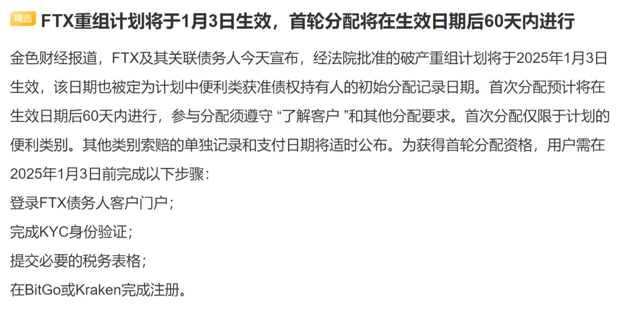 FTX重组计划将于1月3日生效，首轮分配将在生效日期后60天内进行