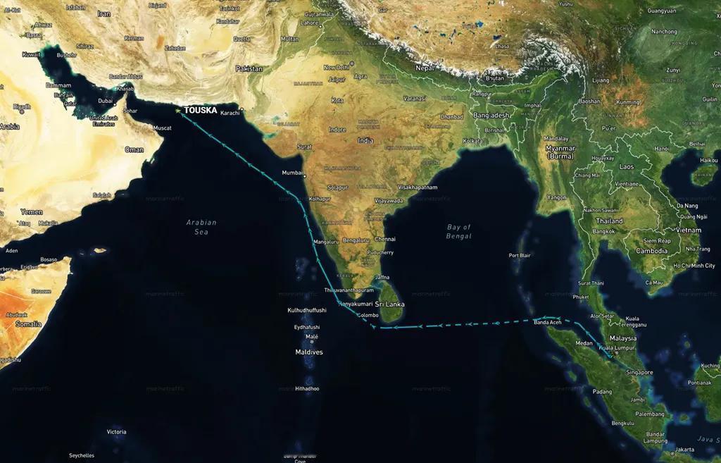 据追踪数据显示，被美国海军扣押的集装箱船Touska于4月12日从马来西亚巴生港