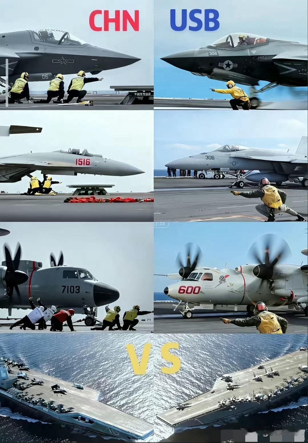 中美航母起飞瞬间对比照，这有差别吗，很像兄弟部队啊！

起飞指挥的手势基本一致，