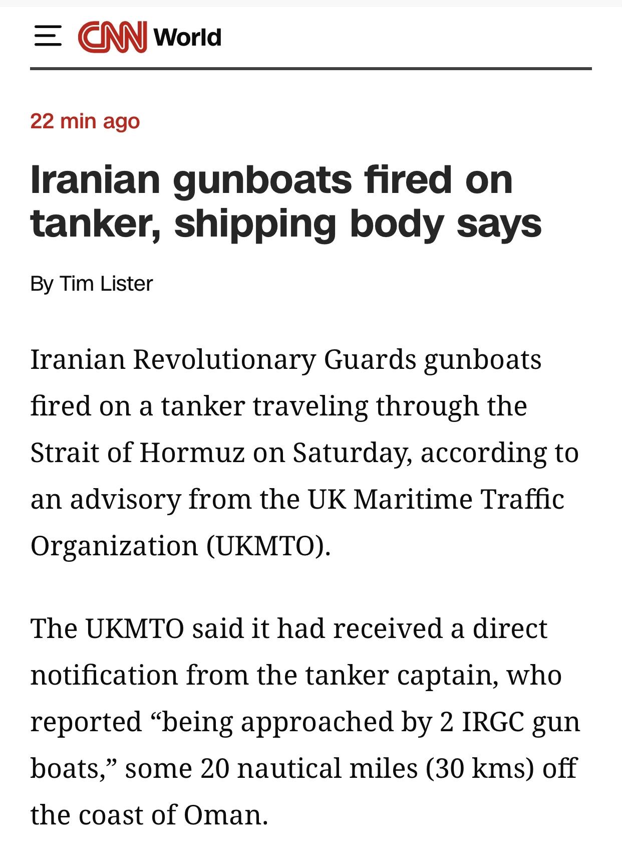 美媒：航运机构表示，伊朗炮艇向油轮开火

美国有线电视新闻网(CNN)官网4月1