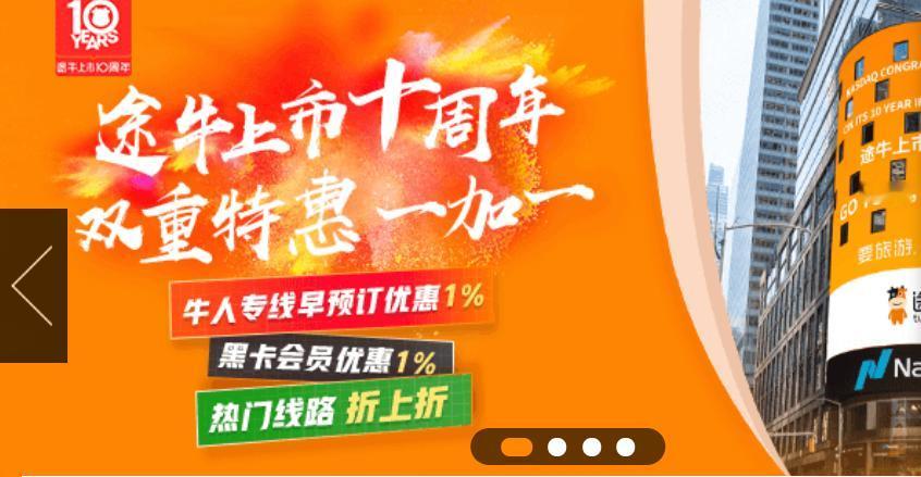 为了庆祝上市10周年，途牛推出“双重特惠一加一”主题活动。我看了眼途牛股价，只剩
