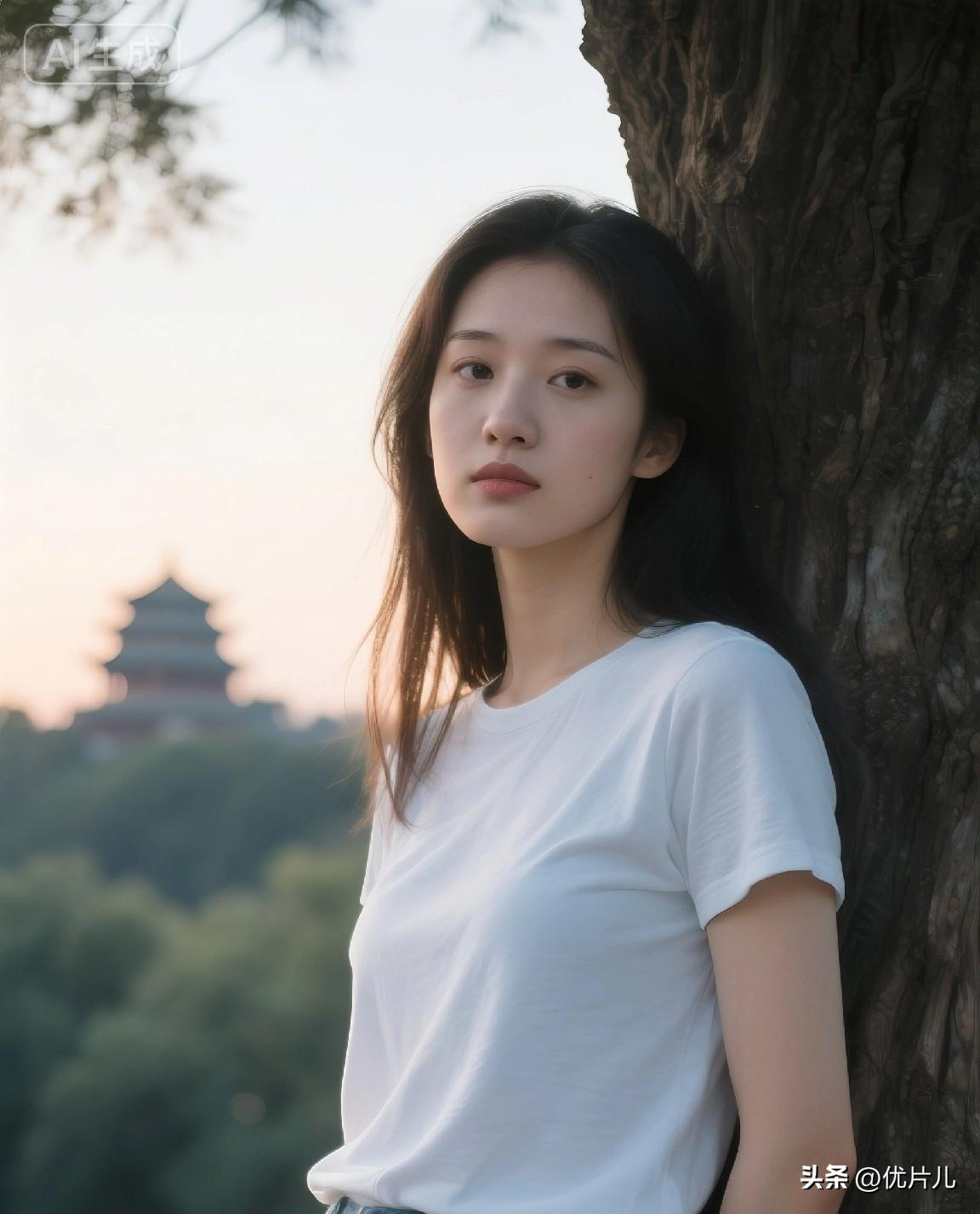 简约质朴，却自带高级质感。
倚靠树干，静享微风轻拂，
做情绪平和的自己。
美女 