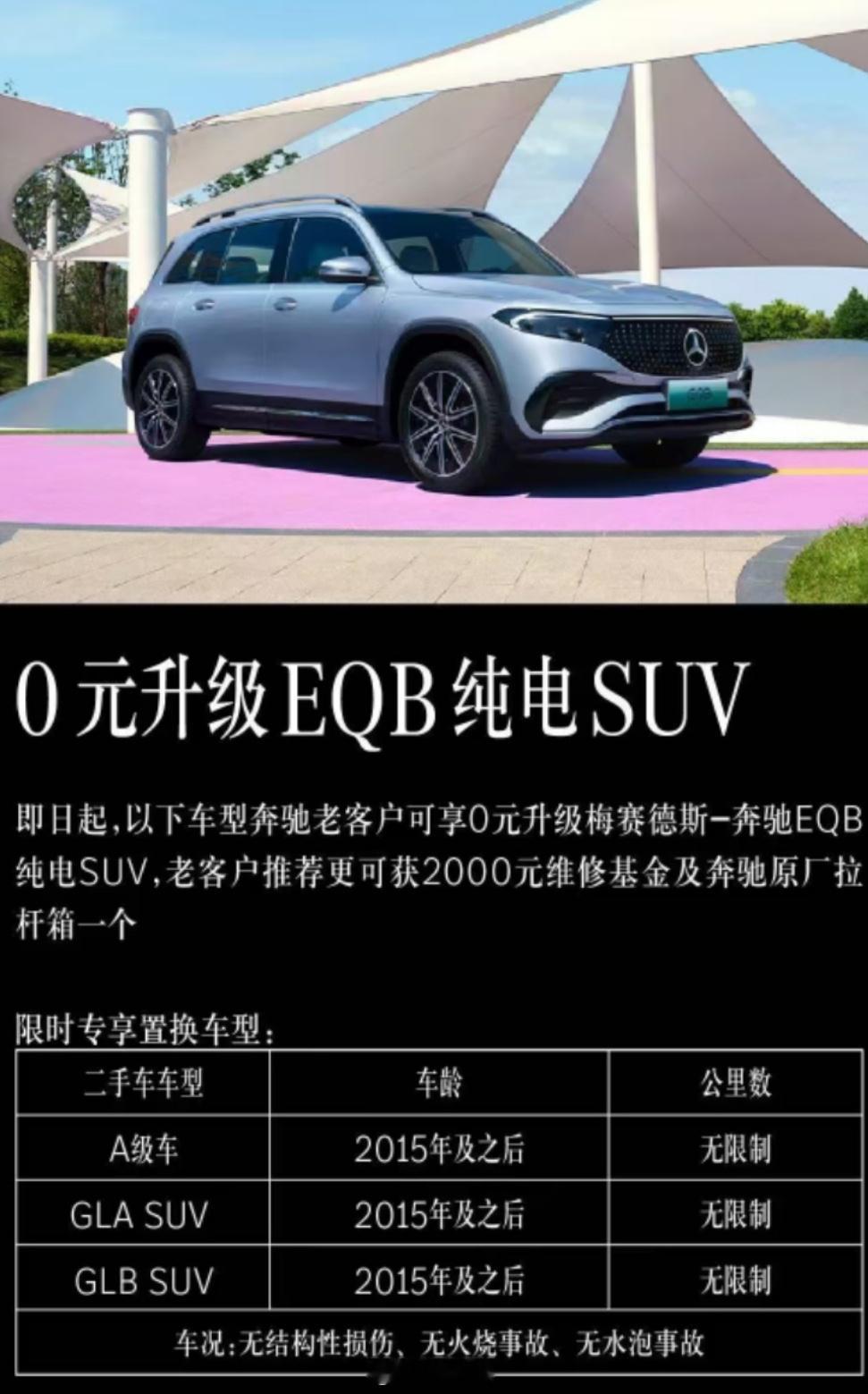 奔驰最近搞0元换购EQB EQE开了10年的油车不用加钱直接换电车好像也不错[吃
