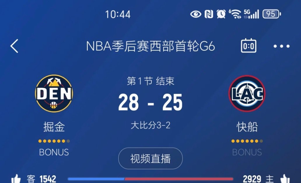 第一节比赛结束，快船落后3分快船vs掘金 ​​​