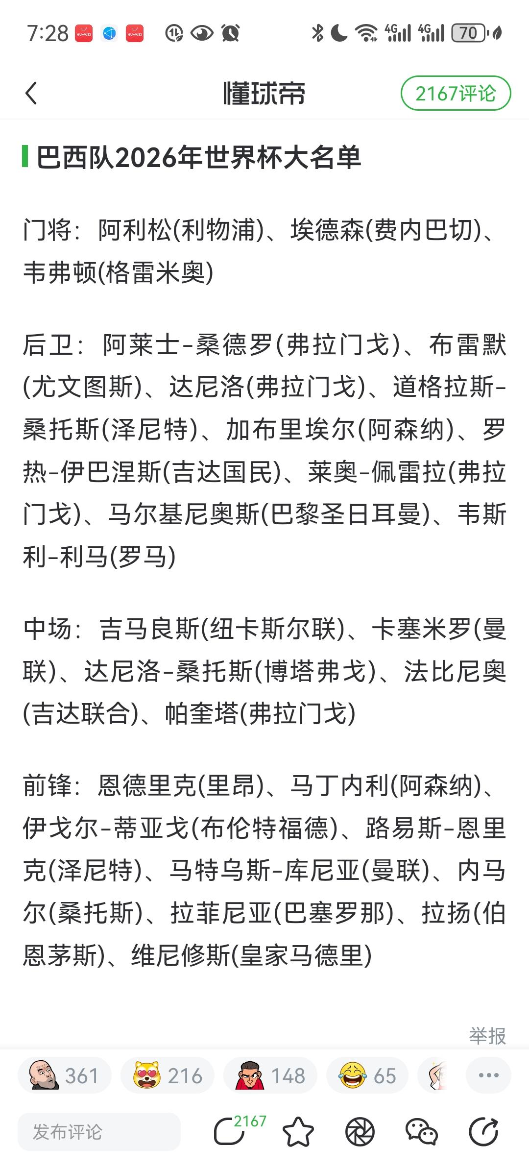 巴西队世界杯大名单出炉，内马尔入选！这真是有点出入意料啊，因为内马尔已经淡出豪门
