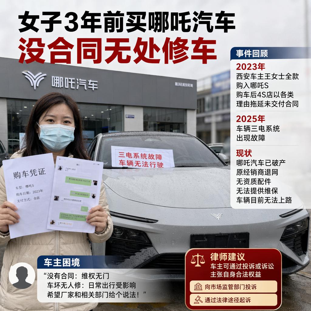 😰 西安的王女士2023年买了一台哪吒S，三年后，这台车彻底趴窝了。
三电系统