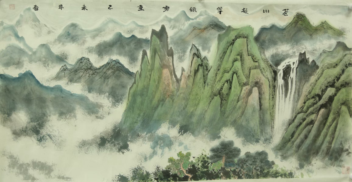 《飞瀑流泉，涤荡尘心》右侧一道飞瀑，如银河倒挂，轰然坠入深谷，激起无形的回响。水