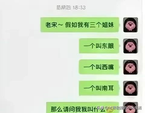 老宋，
假如我有三个姐妹，
一个叫东眼，
一个叫西嘴，
一个叫南耳，
那么请问我