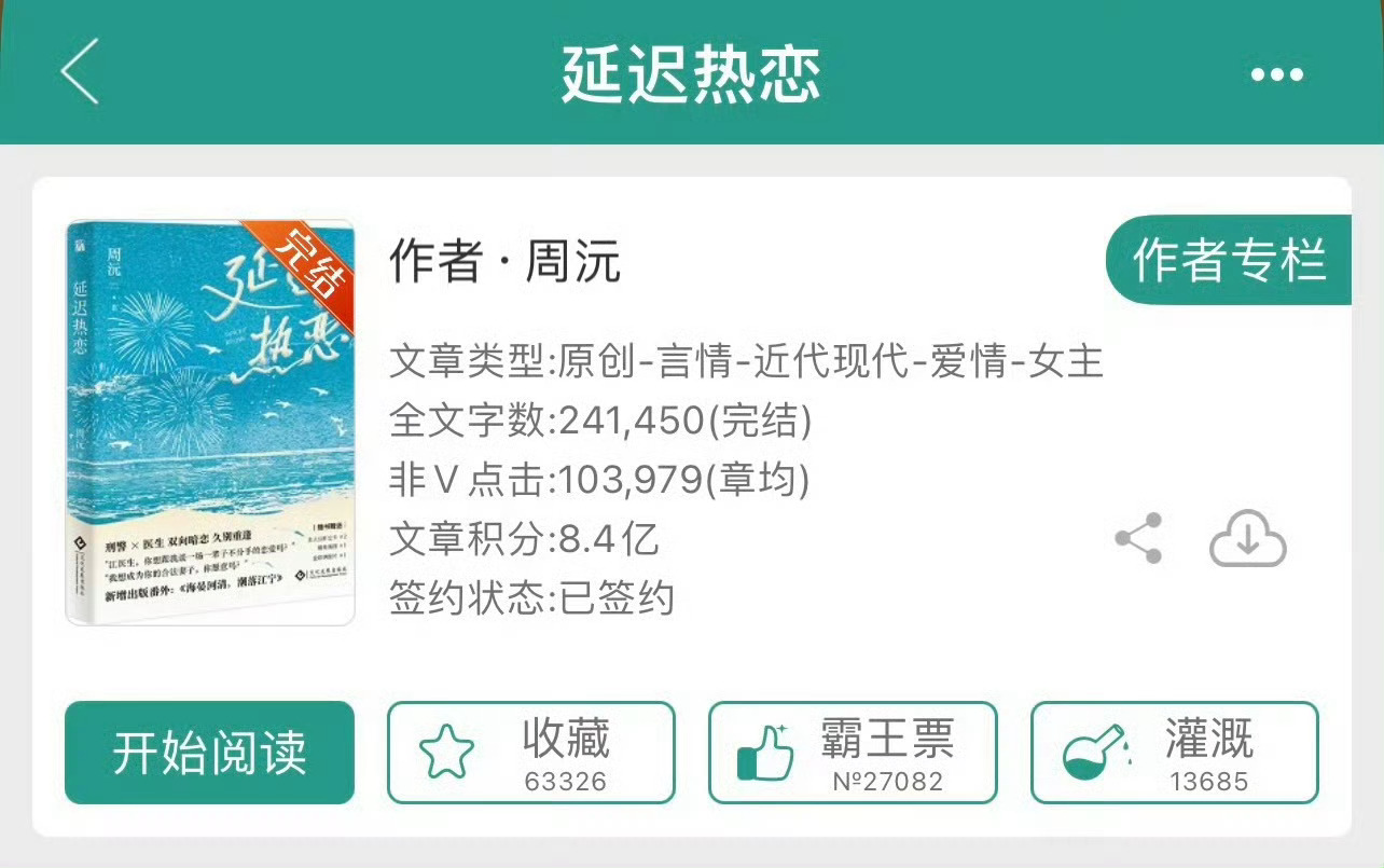 小说推荐：《延迟热恋》 作者:周沅简评：清冷女医生vs深情刑警队长，双向暗恋，久