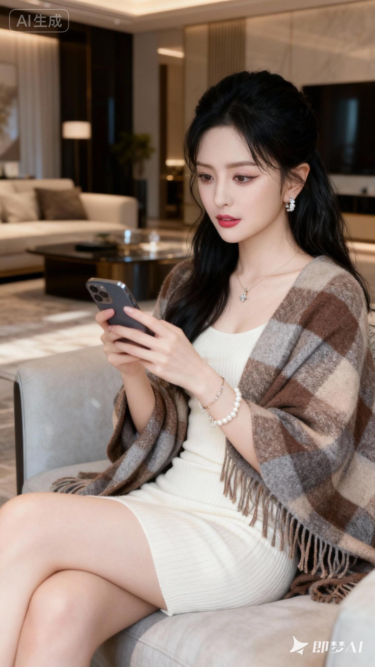 优雅客厅，时尚穿搭，手机自拍，精致生活