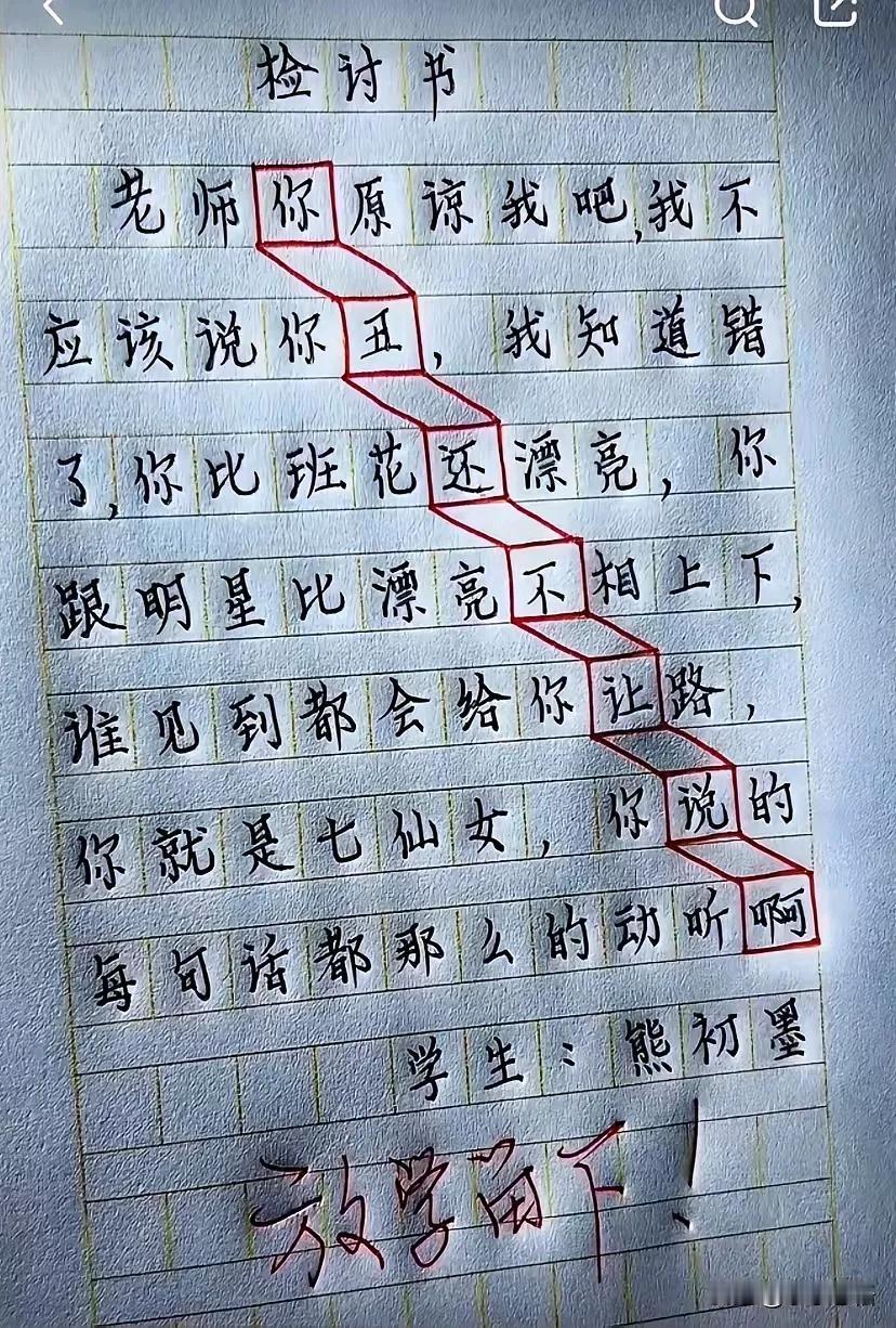 打卡今日心语网图✍✍这份检讨书👇👇这名学生真敢写，竞然说老师长的丑[灵光一闪