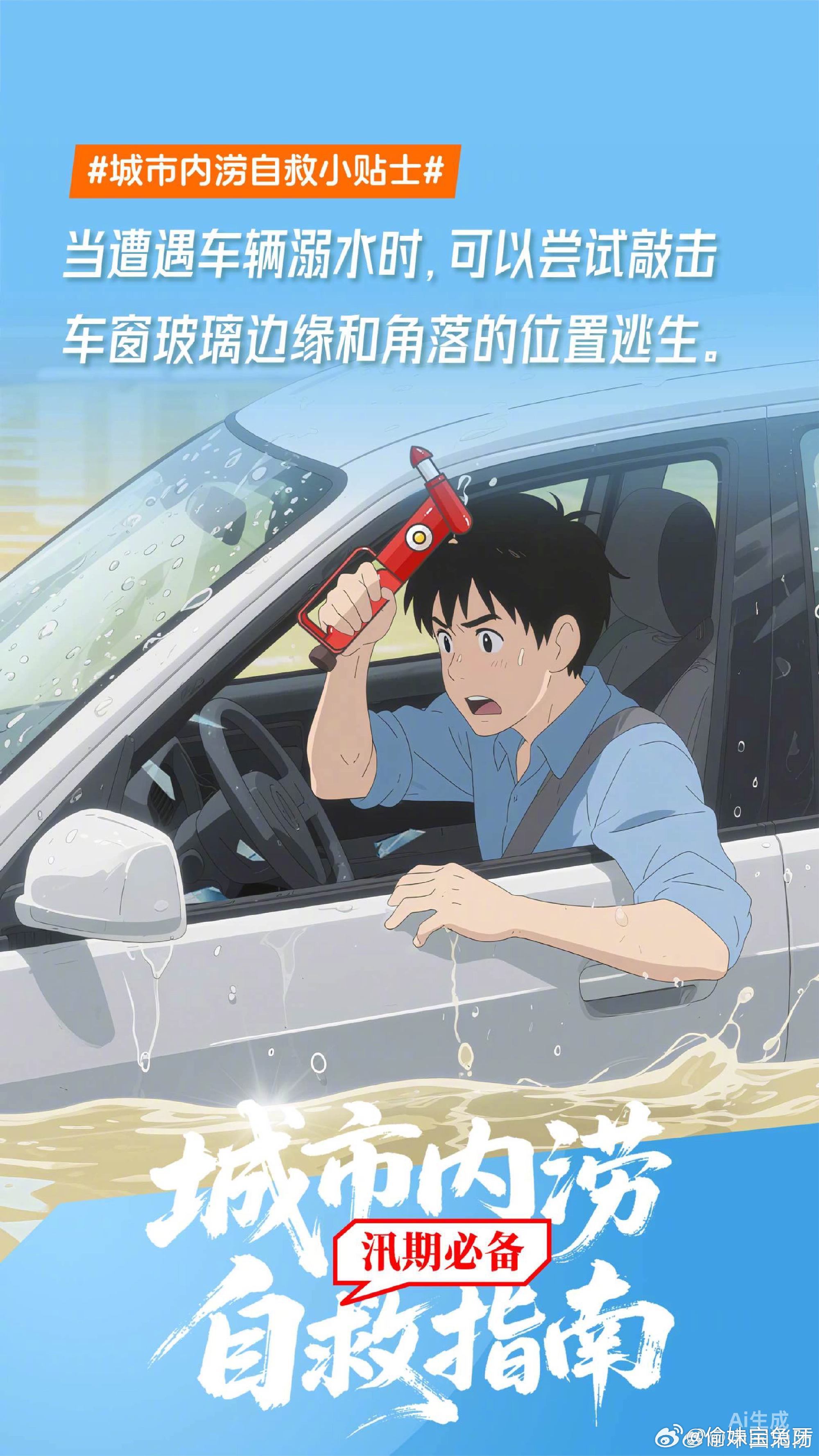 暴雨内涝避险教程普通轿车涉水超过20-25厘米即有发动机进水风险，水深达车门把手