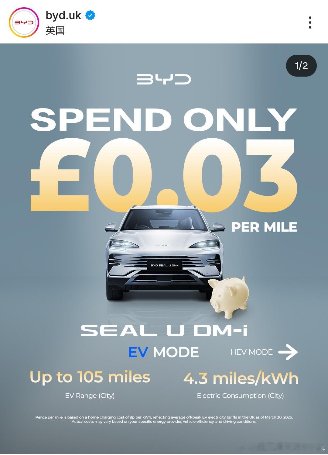 BYD UK这个能源花费海报很直观啊，贴脸打高油价大v聊车