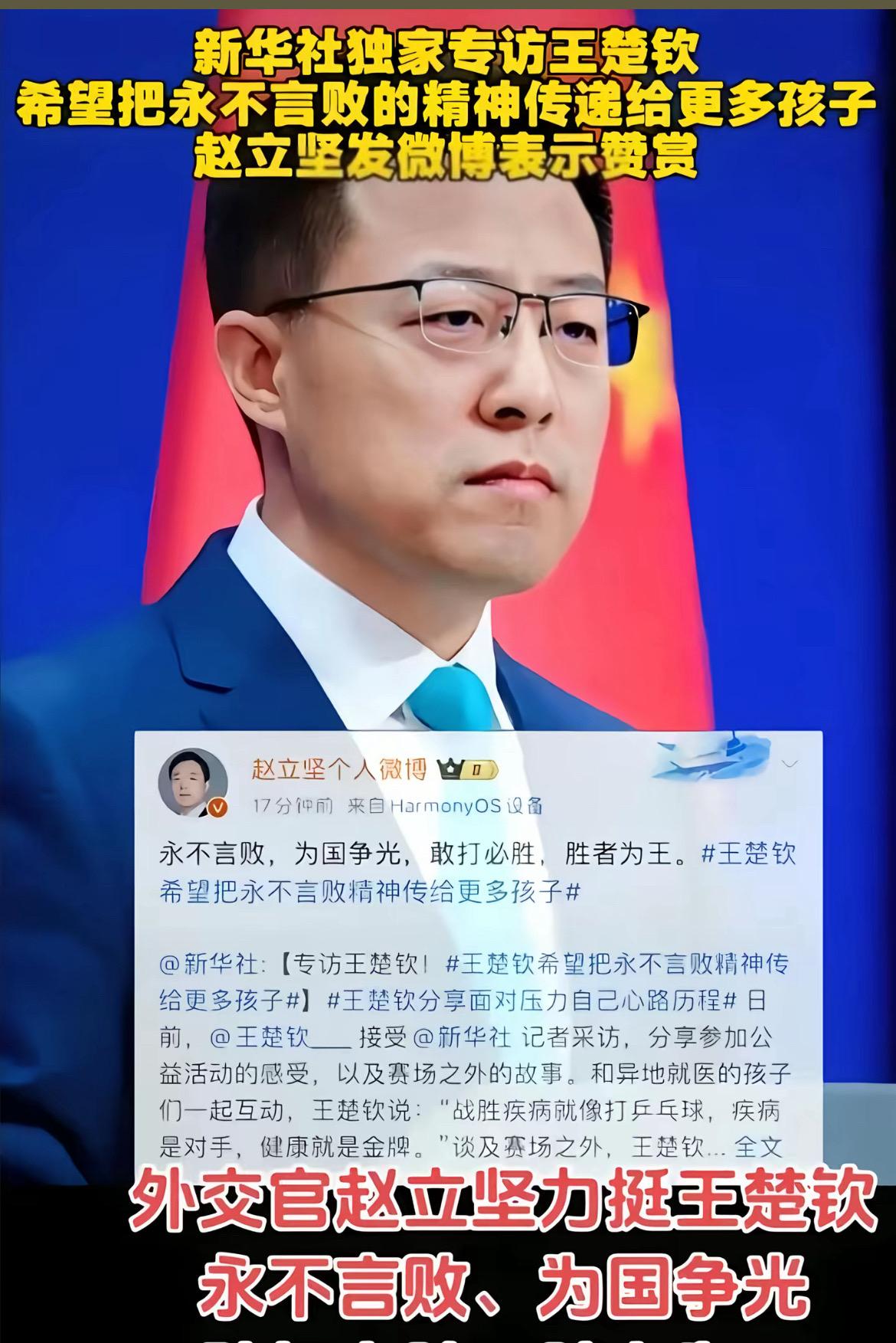 新华社独家采访王楚钦，赵立坚发微博表示赞赏