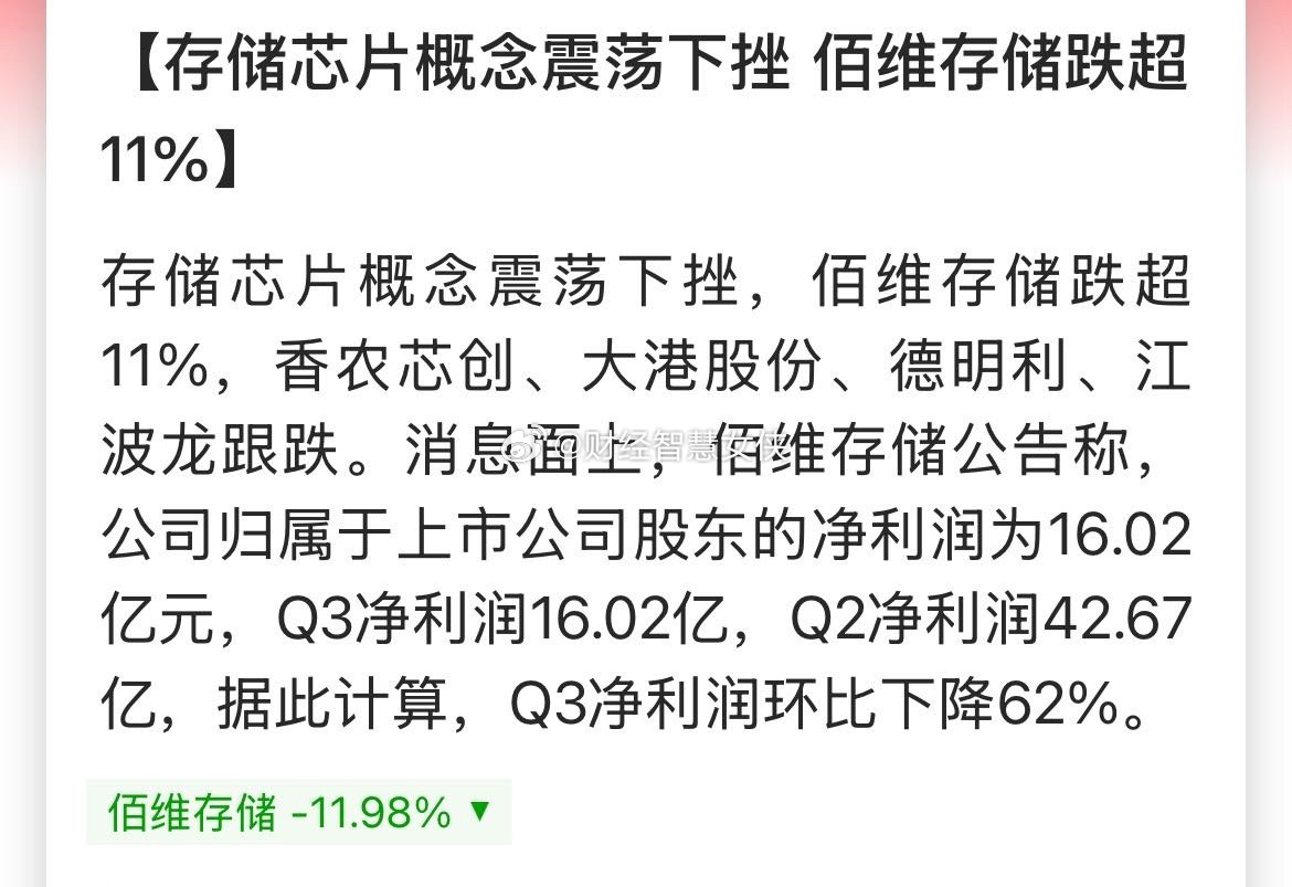 【存储芯片概念震荡下挫 佰维存储跌超11%】存储芯片概念震荡下挫，佰维存储跌超1