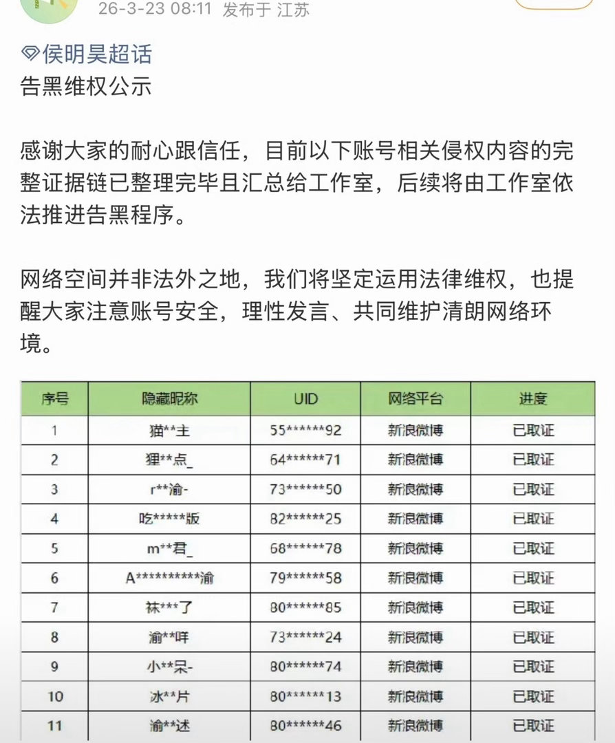 侯明昊家公布告嘿名单，一下告了11个。 