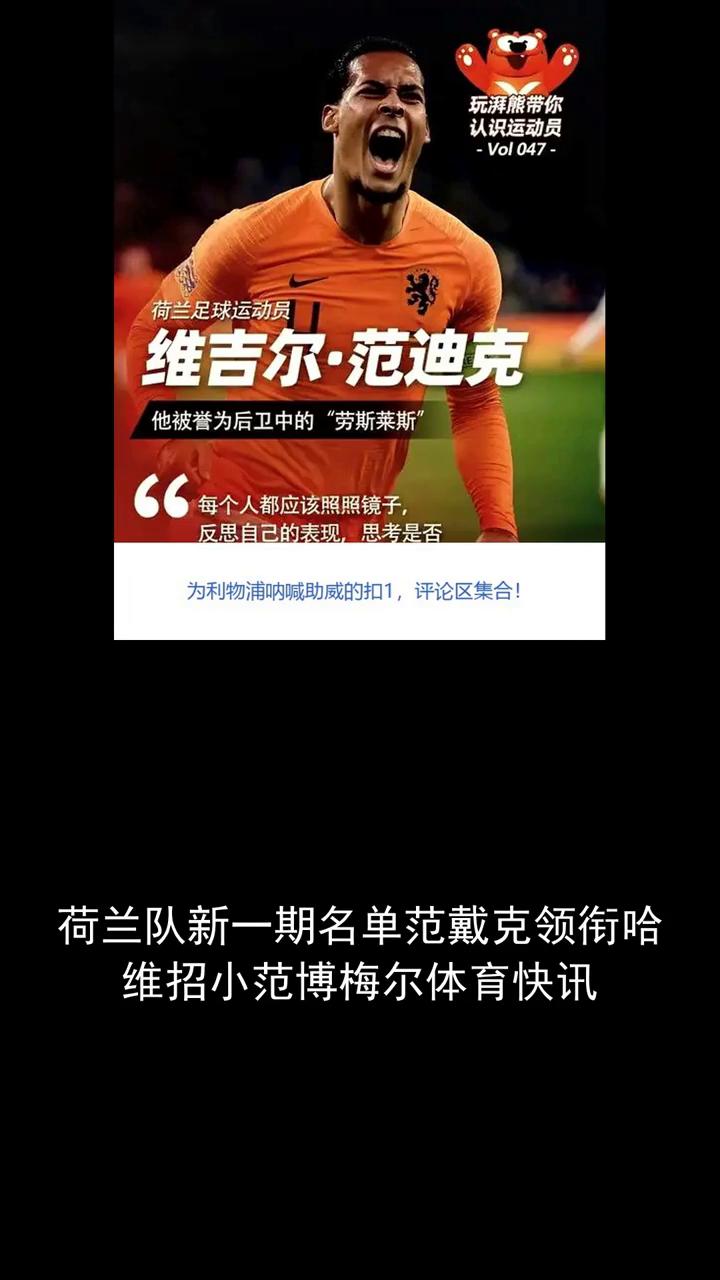 荷兰足球运动员维吉尔·范迪克。
玩湃熊带你认识运动员。
荷兰队新一期名单范戴克领