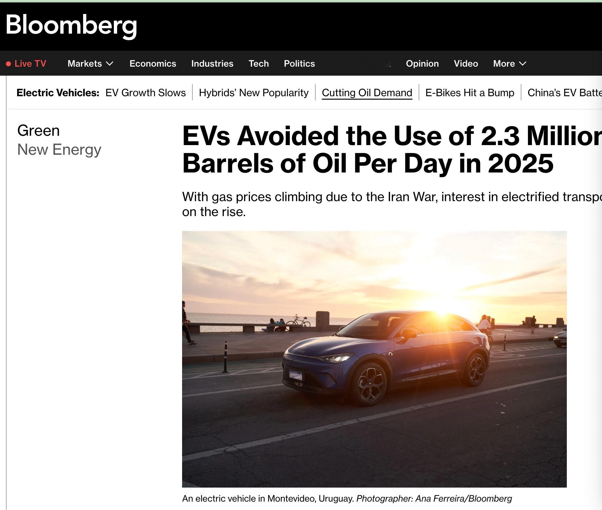 【彭博新能源财经：2025年全球电动车日均替代原油230万桶 2030年有望翻倍