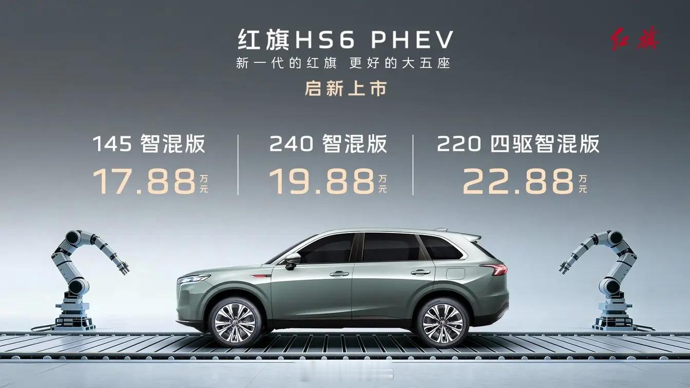 一汽红旗全新车型，大五座旗舰SUV——红旗HS6 PHEV上市。三个版本售价分别