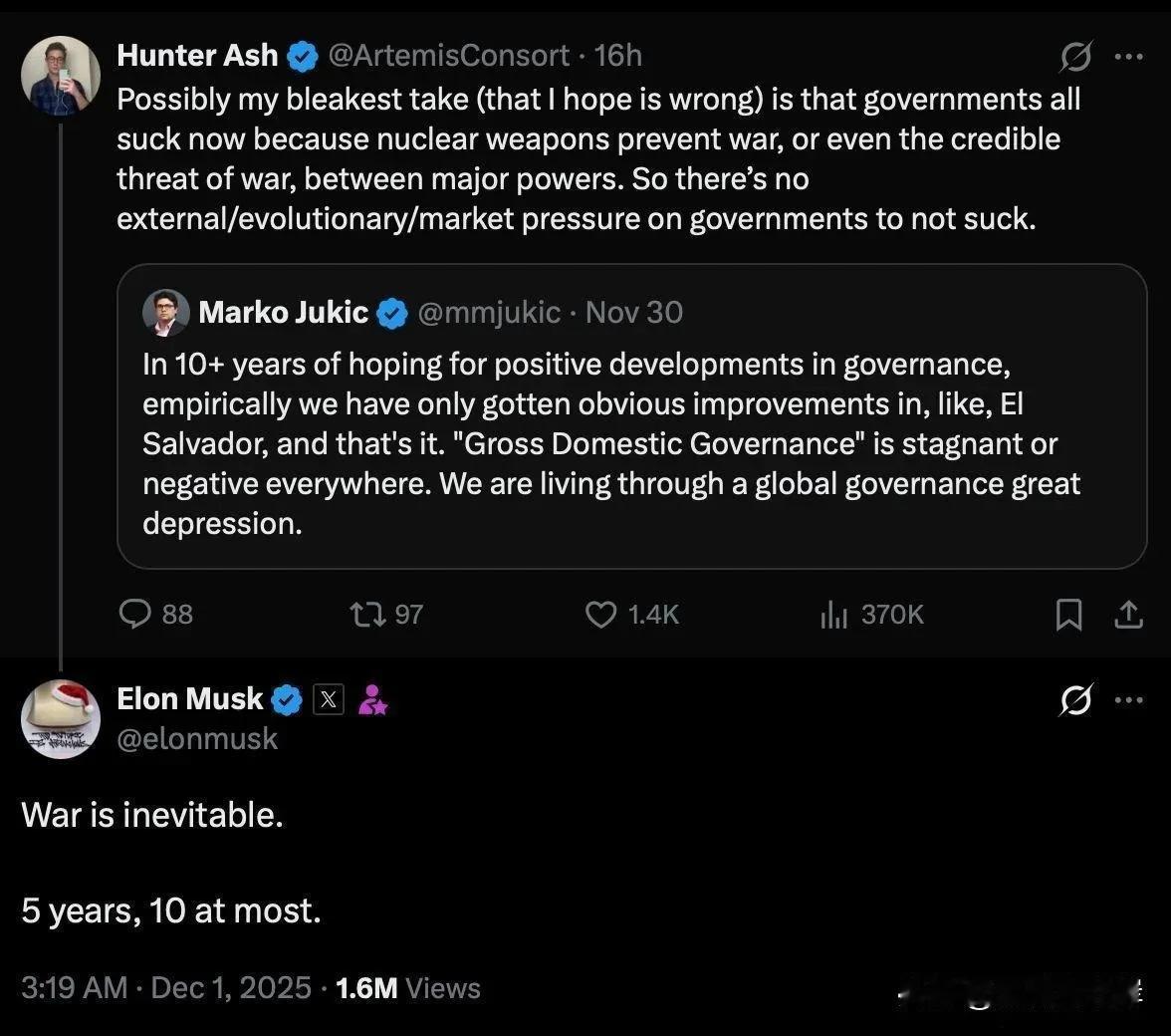 马斯克在与网友互动中表示“战争不可避免”。

“战争不可避免。

5年，最多10