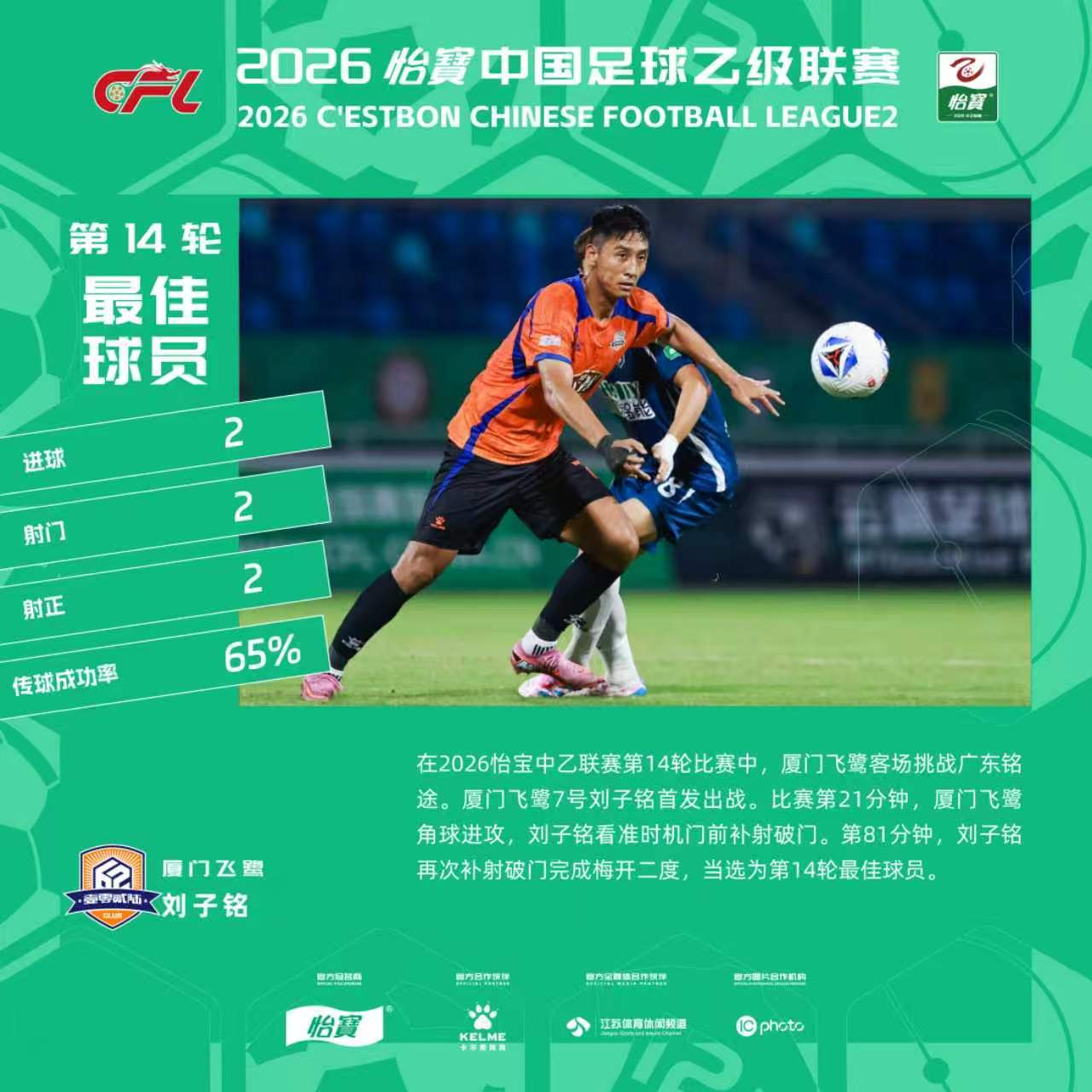 在2026怡宝中乙联赛第14轮比赛中，厦门飞鹭客场挑战广东铭途。厦门飞鹭7号刘子