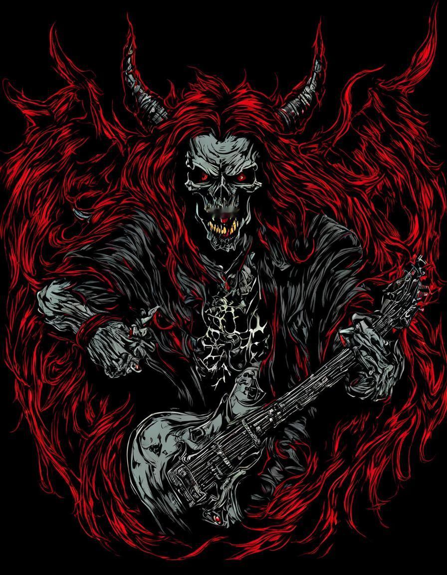 🎸 暗黑摇滚恶魔吉他手——充满力量感的暗黑重金属风格数字插画。
🔍 视觉元素