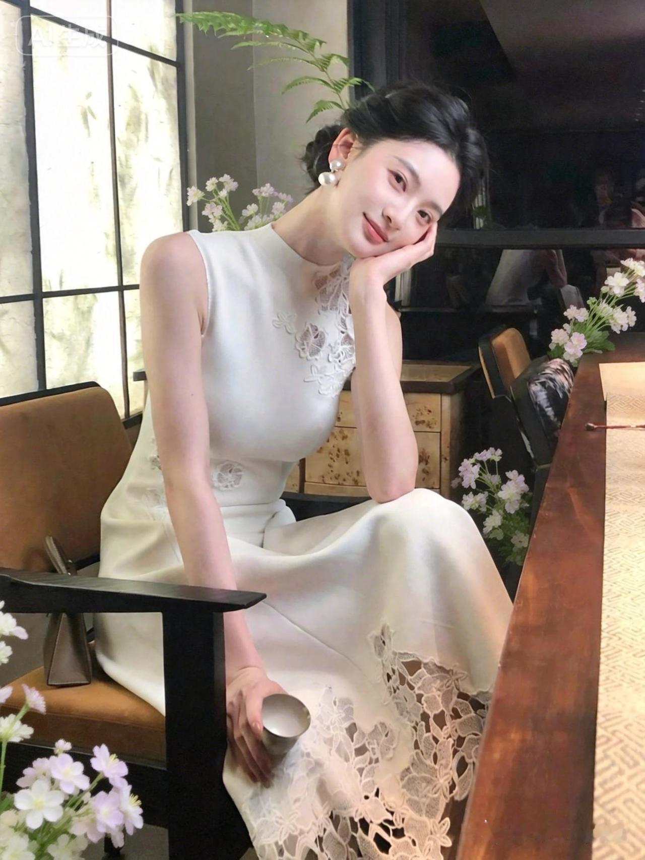 白裙如云，珍珠耳坠轻摇，她倚窗浅笑，温柔治愈了整个午后时光。