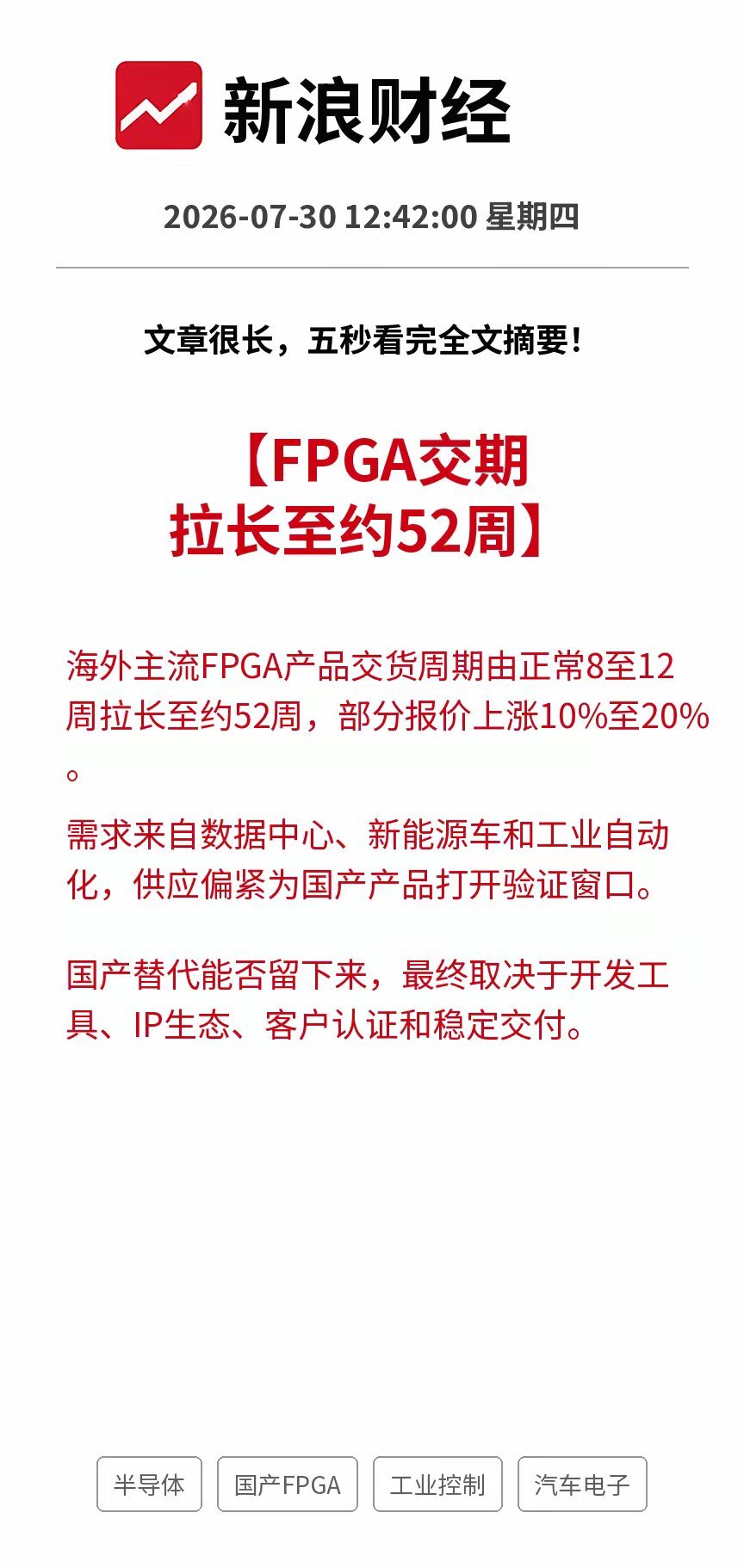 供应链重大变化！海外FPGA交期暴增至52周，产品涨价10%-20%海外主流FP