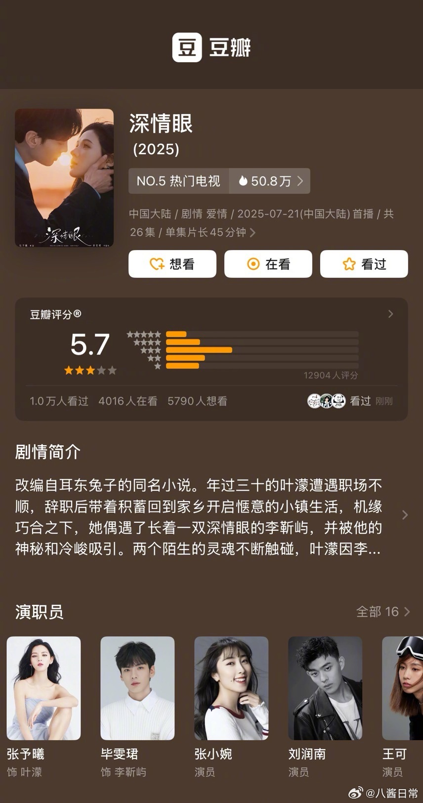 张予曦、毕雯珺《深情眼》豆瓣开分5.7分 ​​​