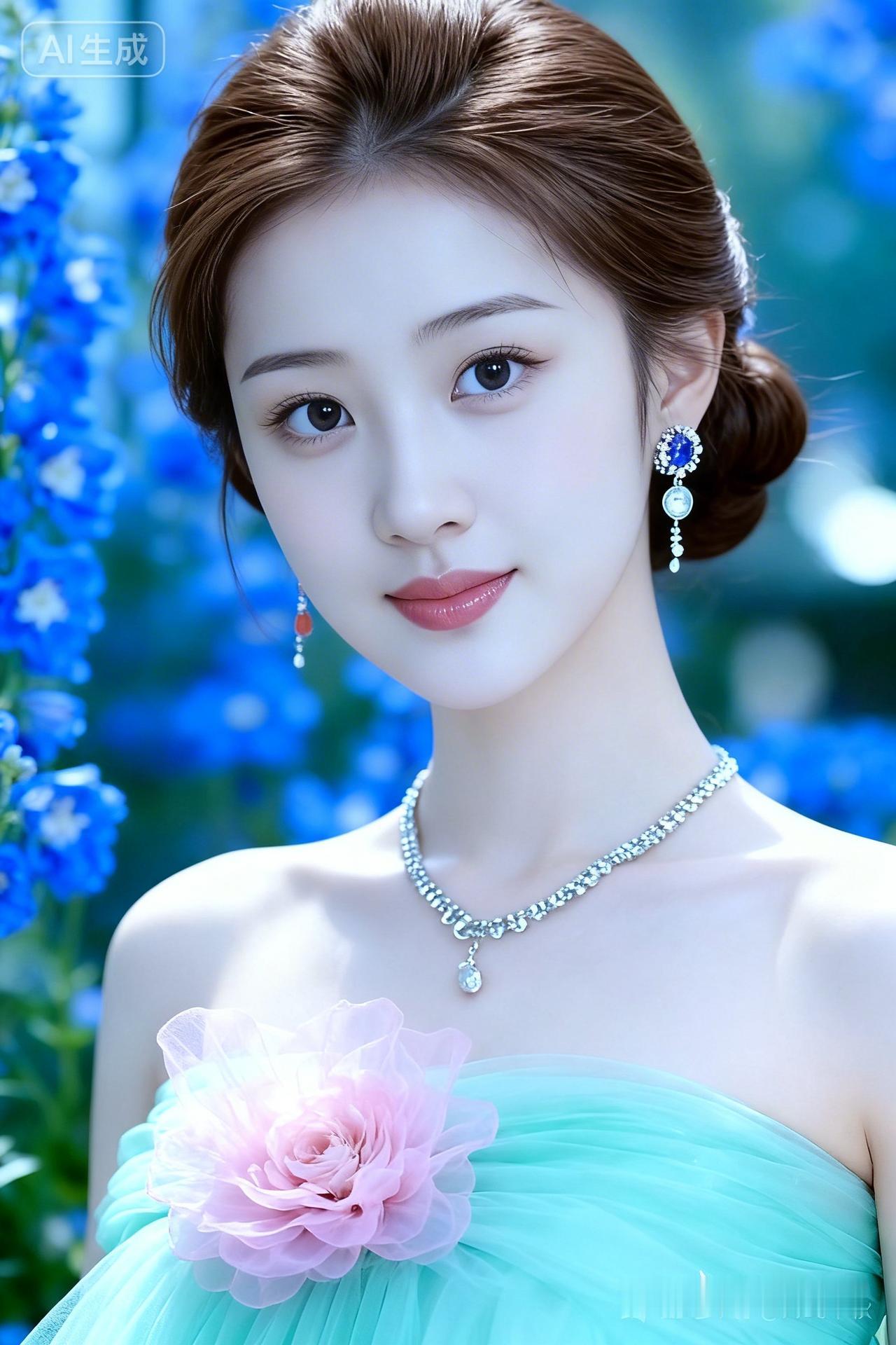 18岁女大学生，尖下巴，三庭五眼比例均衡，棕色简约盘发。身材娇小，细腻陶瓷水嫩肌