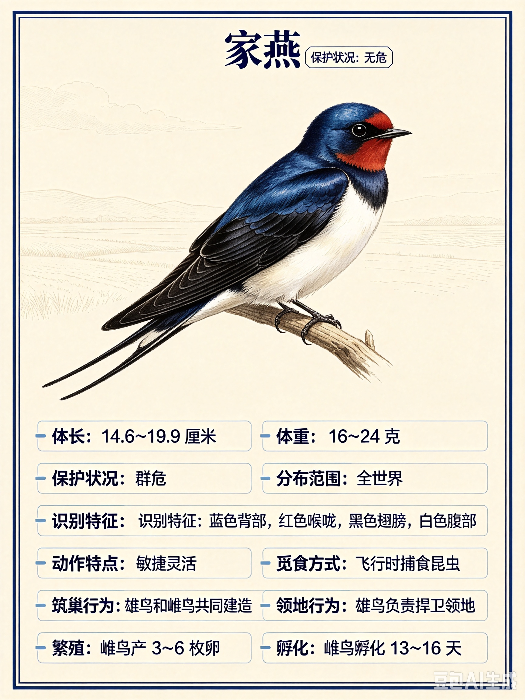 鸟类朋友图鉴 家燕体长：14.6~19.9 厘米体重：16~24 克社会单位：群