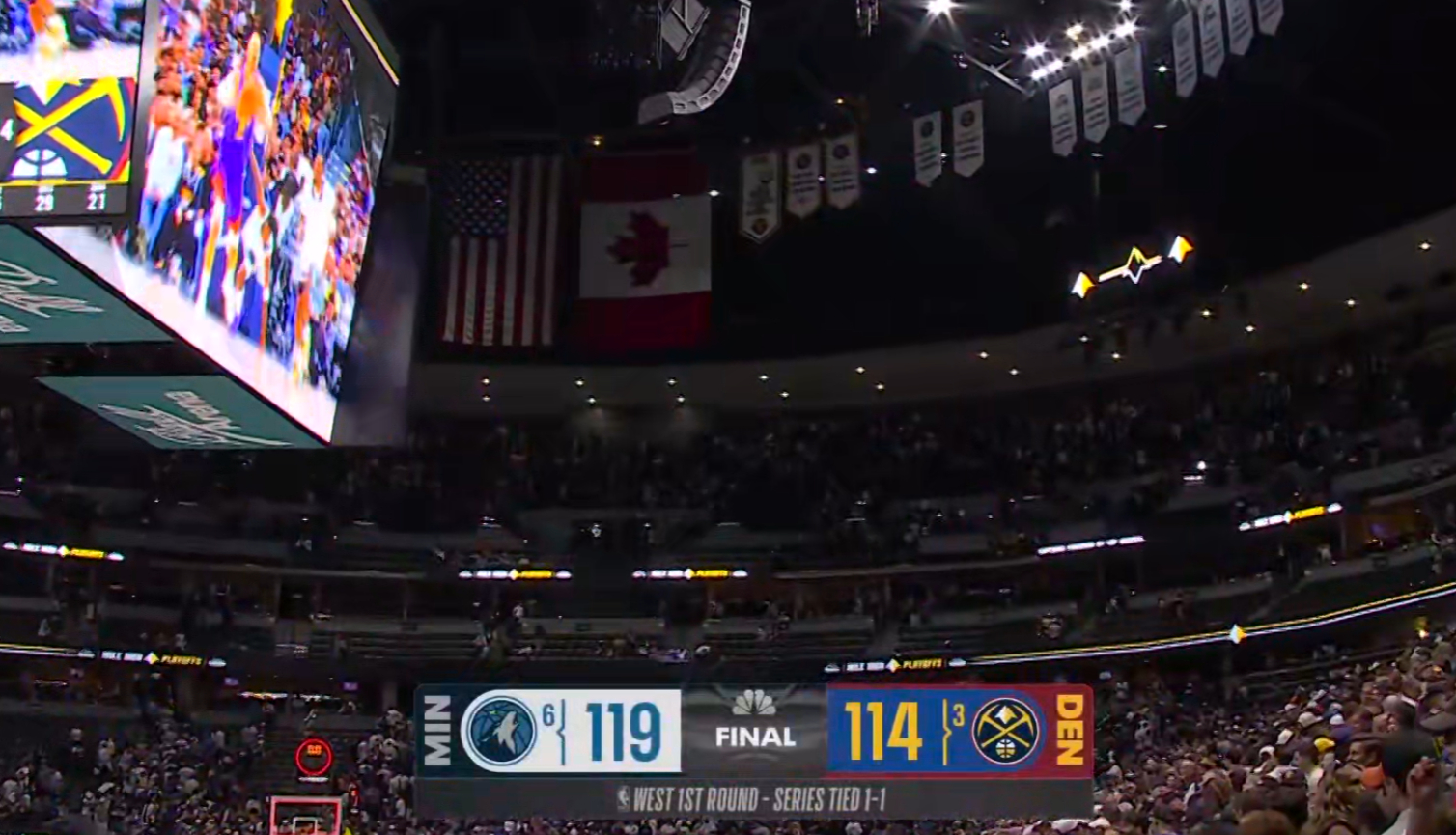 森林狼厉害啊，太顽强了，掘金输的郁闷，现在大比分1-1！NBA季后赛