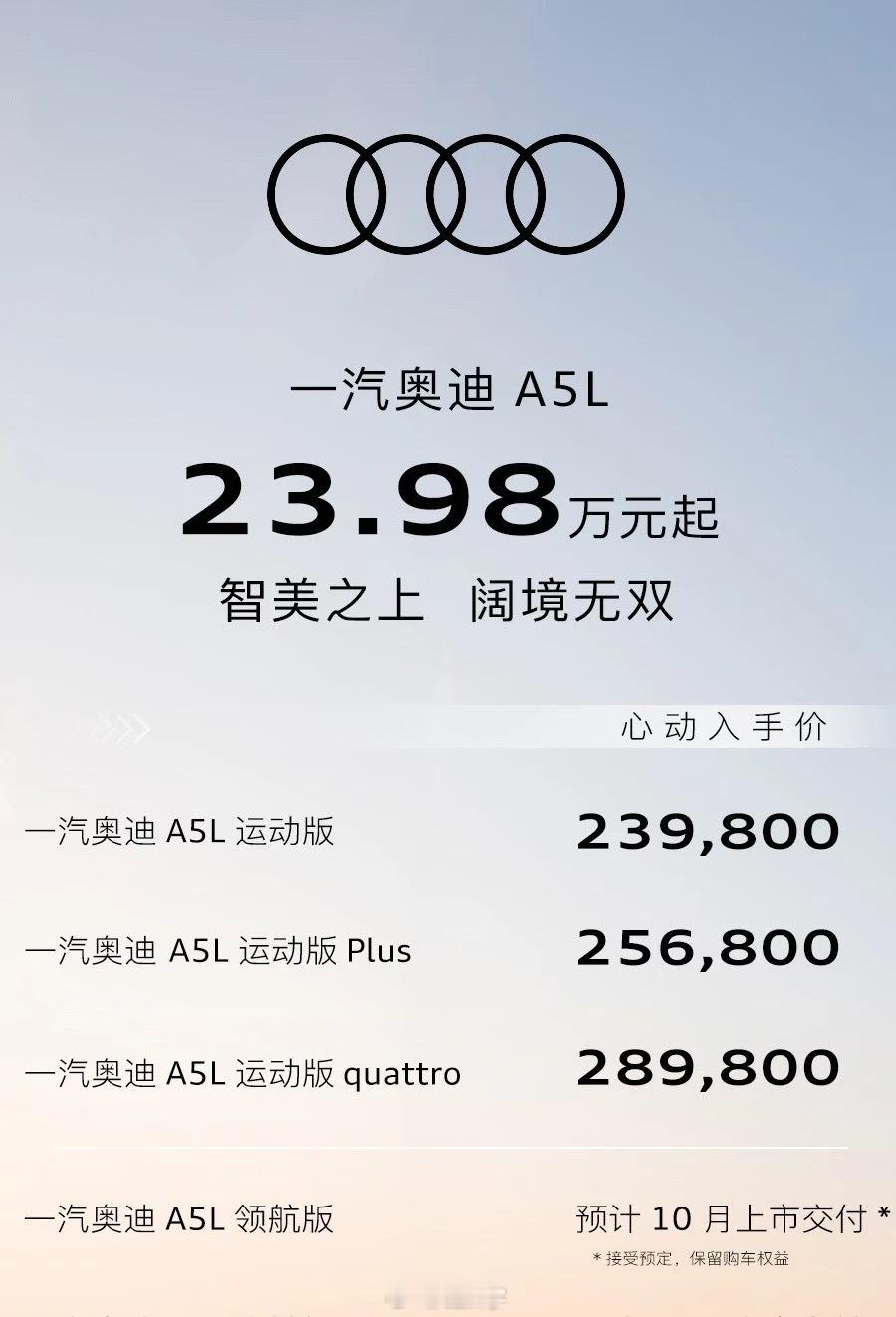一汽奥迪两款新车上市：A5L 23.98w-28.98wQ6L e-tron 3