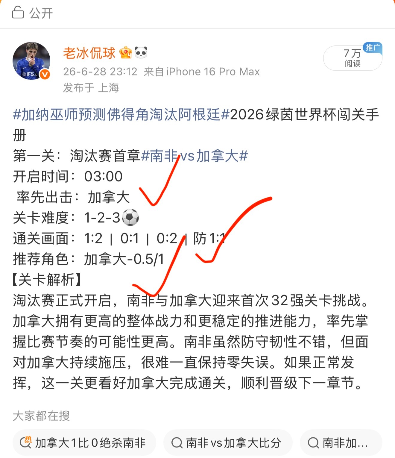 昨晚的加拿大绝杀南非，看得人热血沸腾，预测全中，这种心跳加速的感觉真是体育的魅力