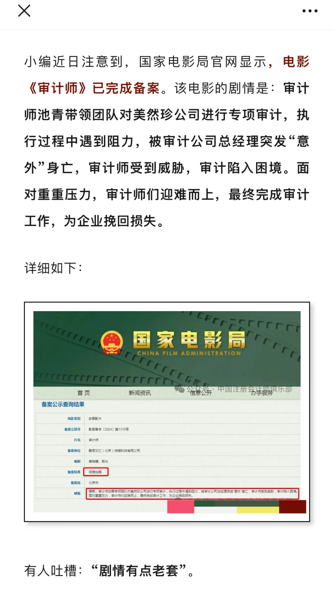 中国版《审计师》电影要来了