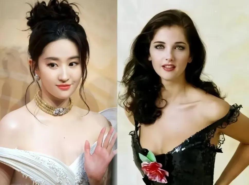 在边是刘亦菲，右边是法国美女克里斯蒂亚娜.耶里。两人站在一起，你觉得谁最漂亮，你