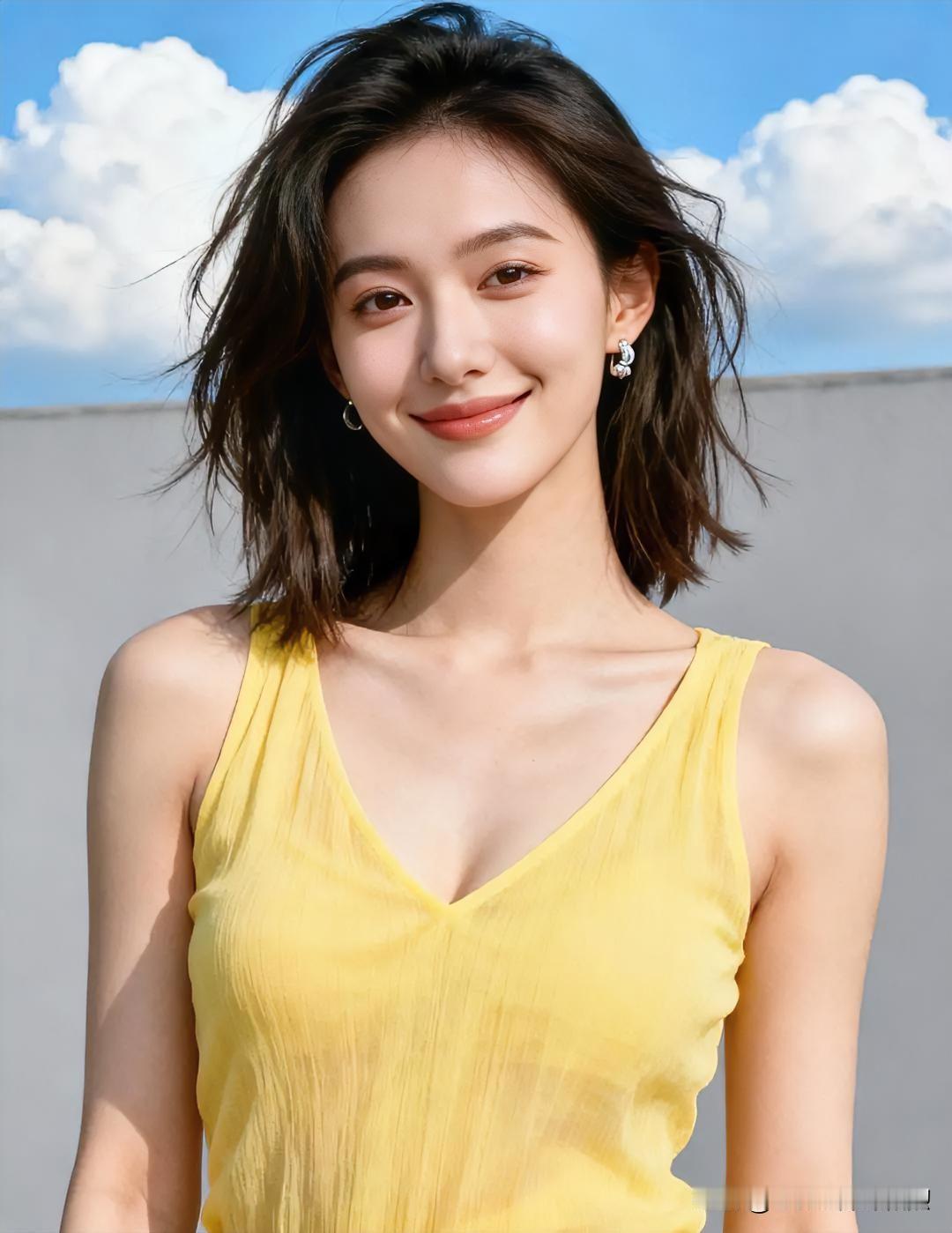 明黄衣袂晕染夏日晴光，微卷发梢轻舞风语。她笑意浅漾，眸中盛着云影天光，每一寸明媚