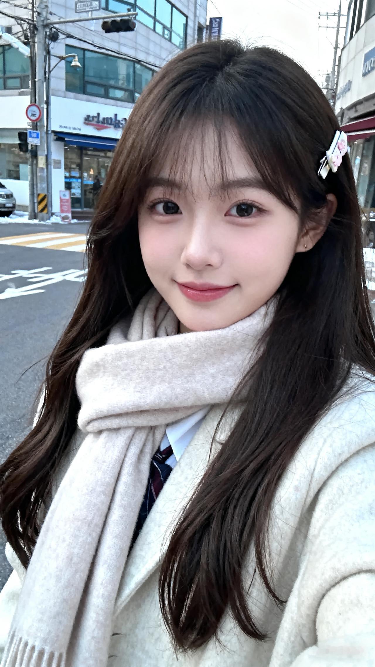韩国女高中生，浅色系冬日保暖穿搭系围巾，长发柔顺垂落别可爱发卡，立于韩国街头，俏