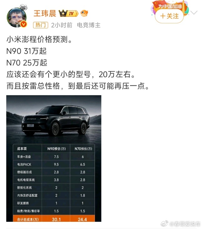 小米澎程起售价预测很多博主都预测20万左右，不应该这么低吧！莫不是像某家十几万增