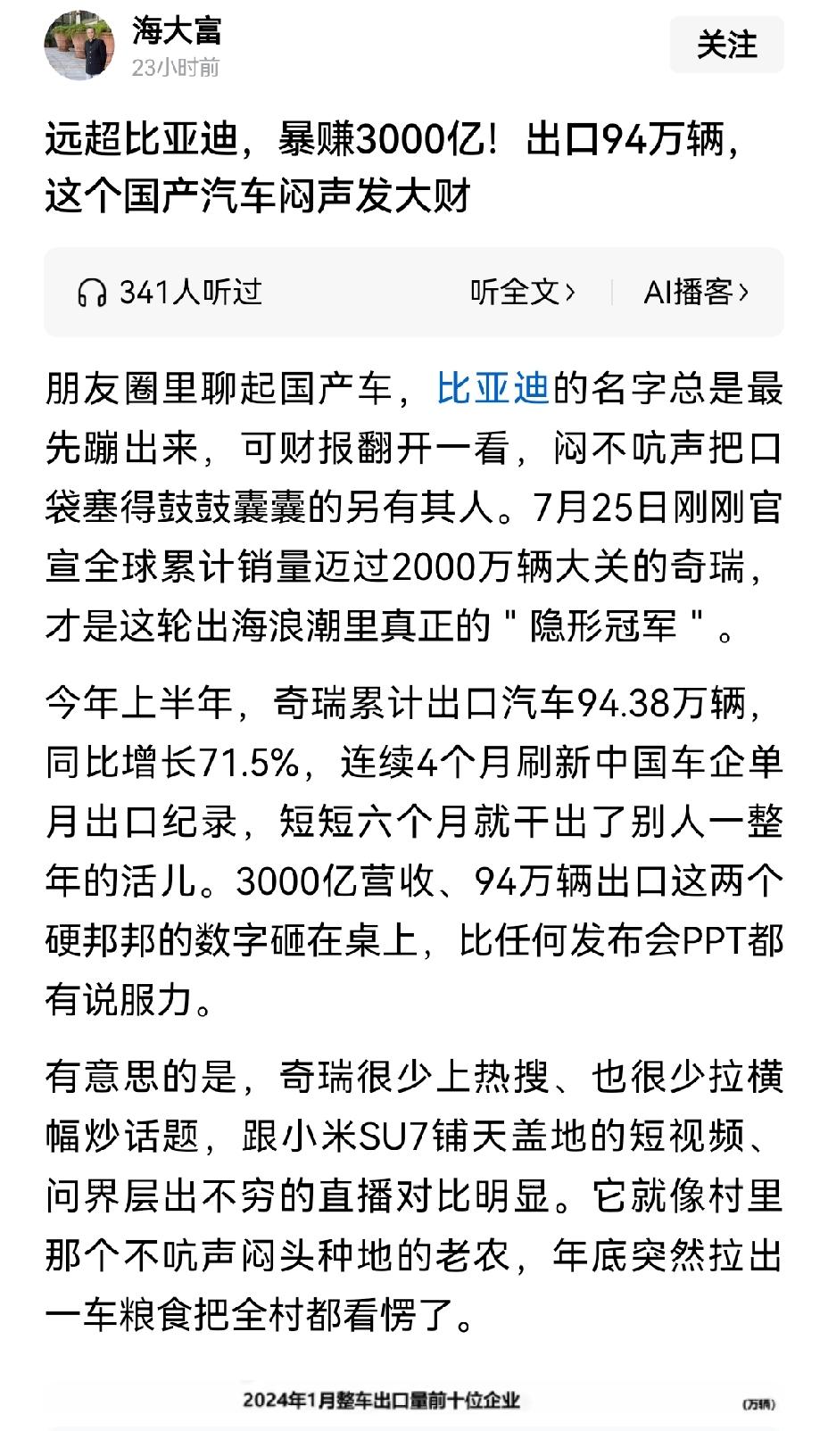 【奇瑞出口汽车位列全国车企榜首的原因】谈及国产汽车出海，很多人的第一反应便是比亚