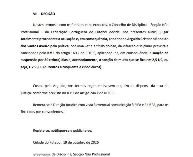 葡萄牙足协官方公布裁决，C罗因擅自退出国家队集训违纪，判处30天禁赛、255欧元