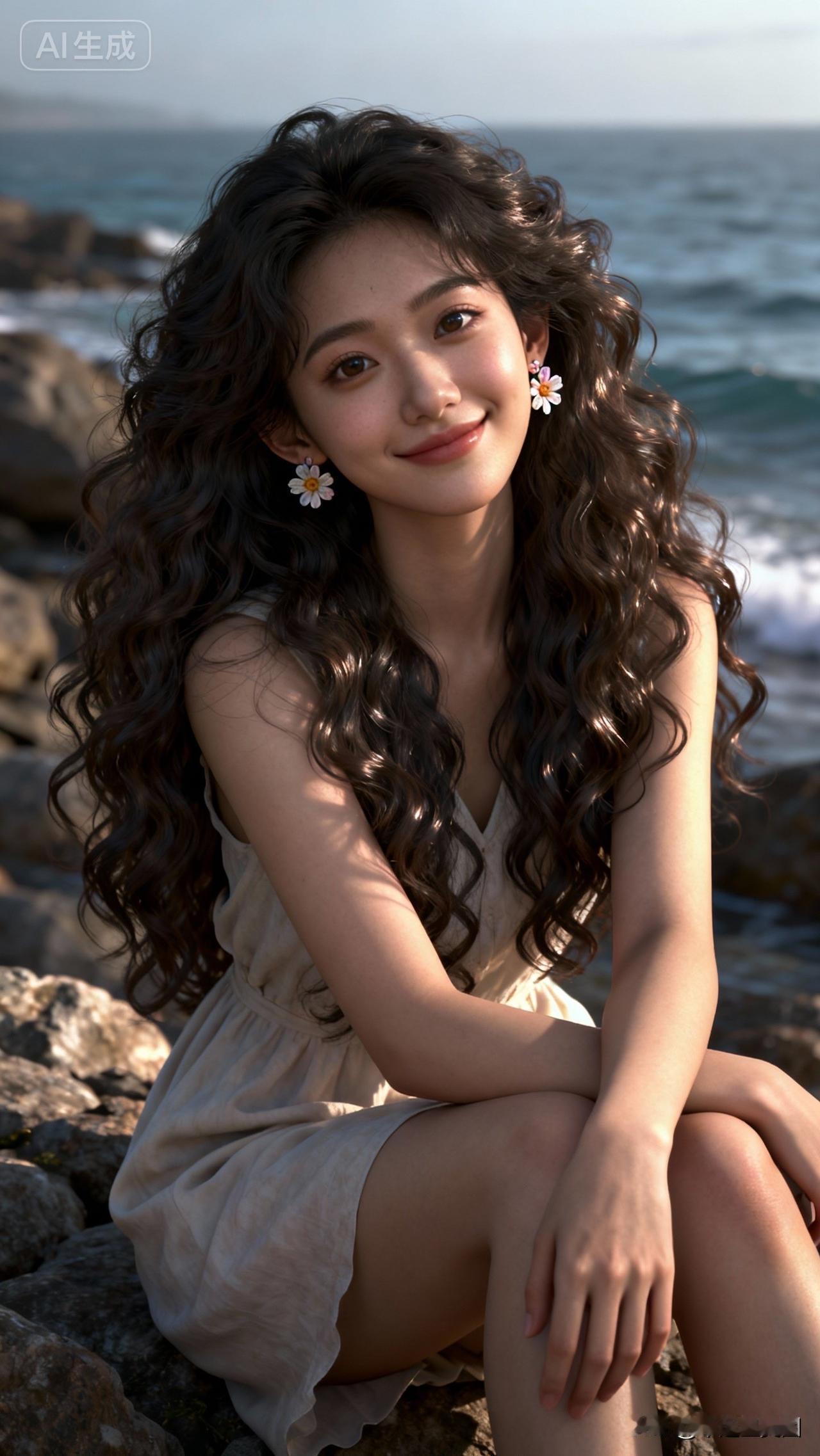 海边少女，温柔微笑，海风吹拂，花饰耳环，浪漫时光。
