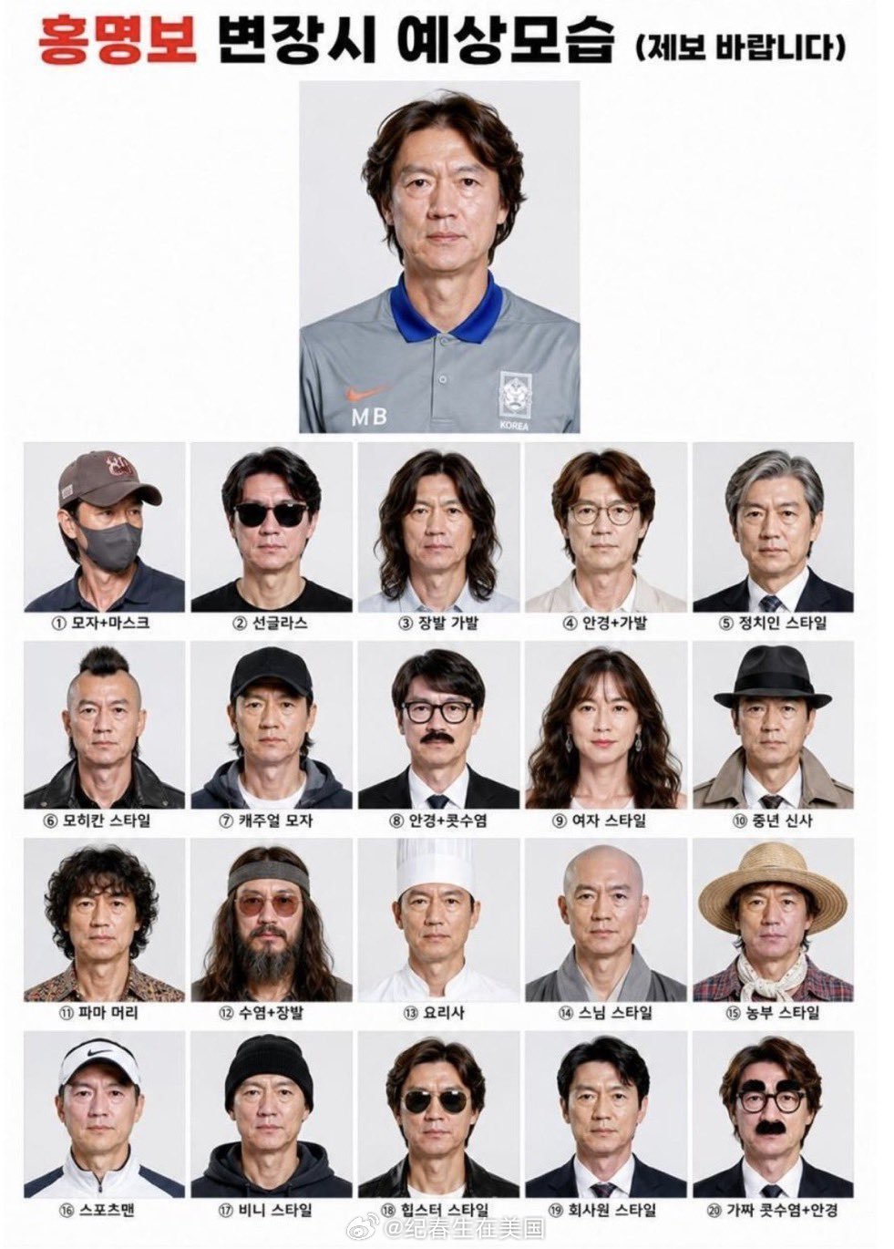 洪明甫跑到美国，韩国人制作的洪明甫变装时的样子，全球通缉。括号内：（欢迎提供线索