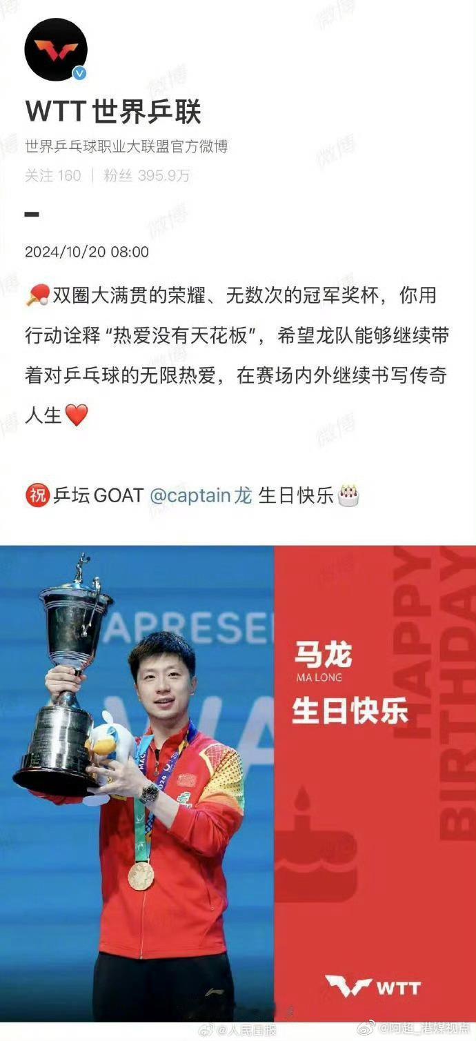 【#WTT祝乒坛GOAT马龙生日快乐#】今天是马龙36岁生日。发文庆生：双圈大满
