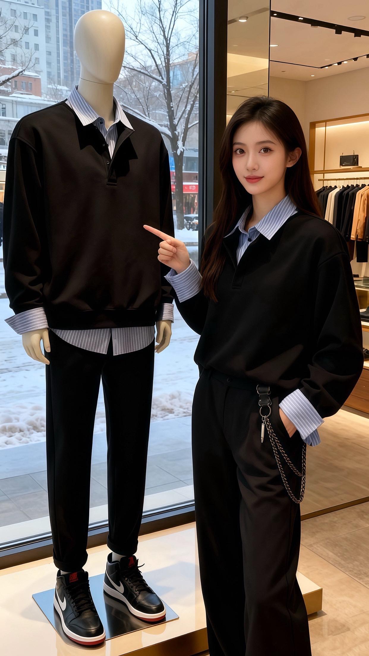 雪落进西装店的橱窗时，陈默正盯着她的袖口发怔。  是叠穿的巧思——黑卫...