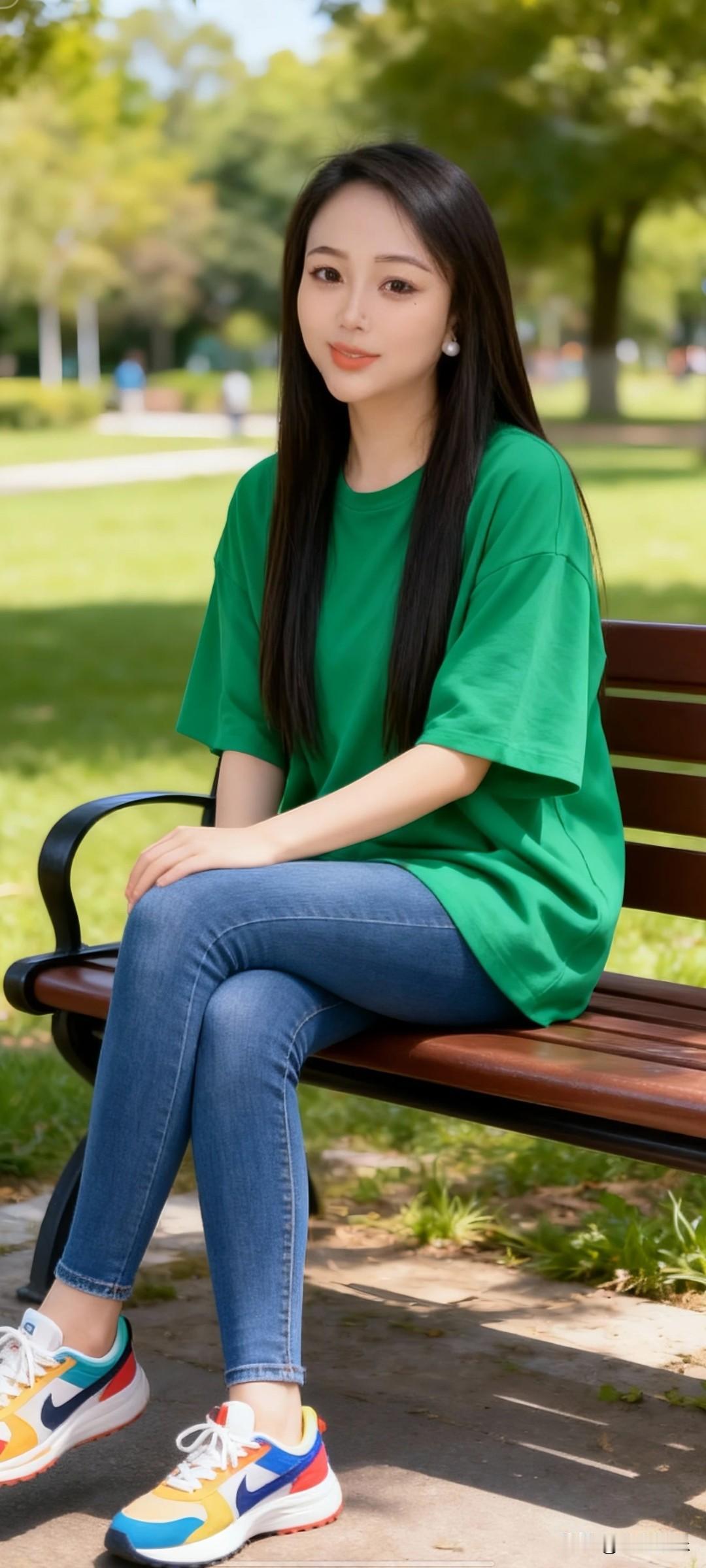 阳光明媚的午后，绿意盎然的公园里，一位少女坐在长椅上，微笑着享受这宁静的时光。