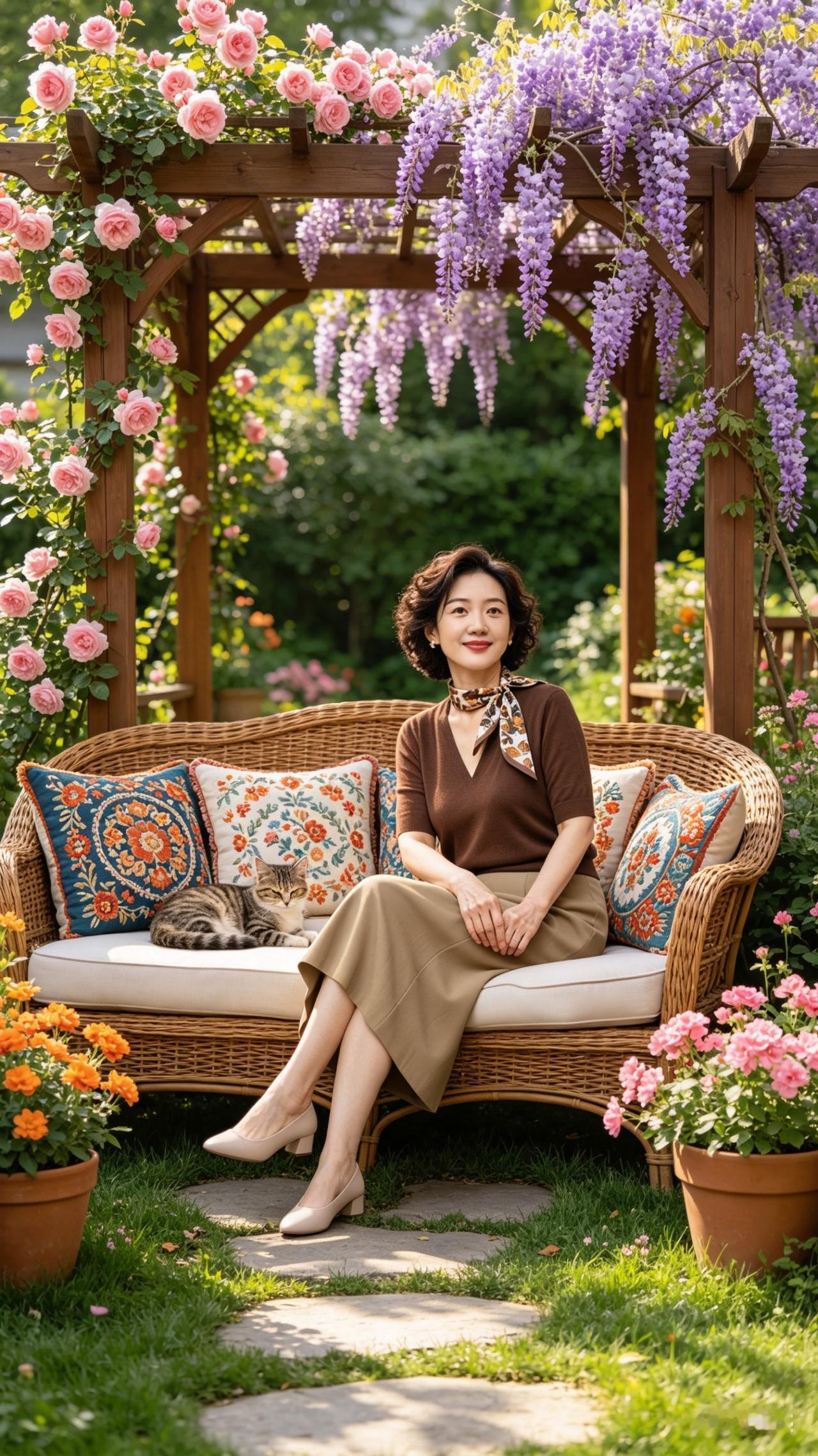 美女端坐阳光花园藤编沙发，旁有猫咪休憩。凉亭缠满蔷薇紫藤，草坪鲜花盛放，暖阳洒落