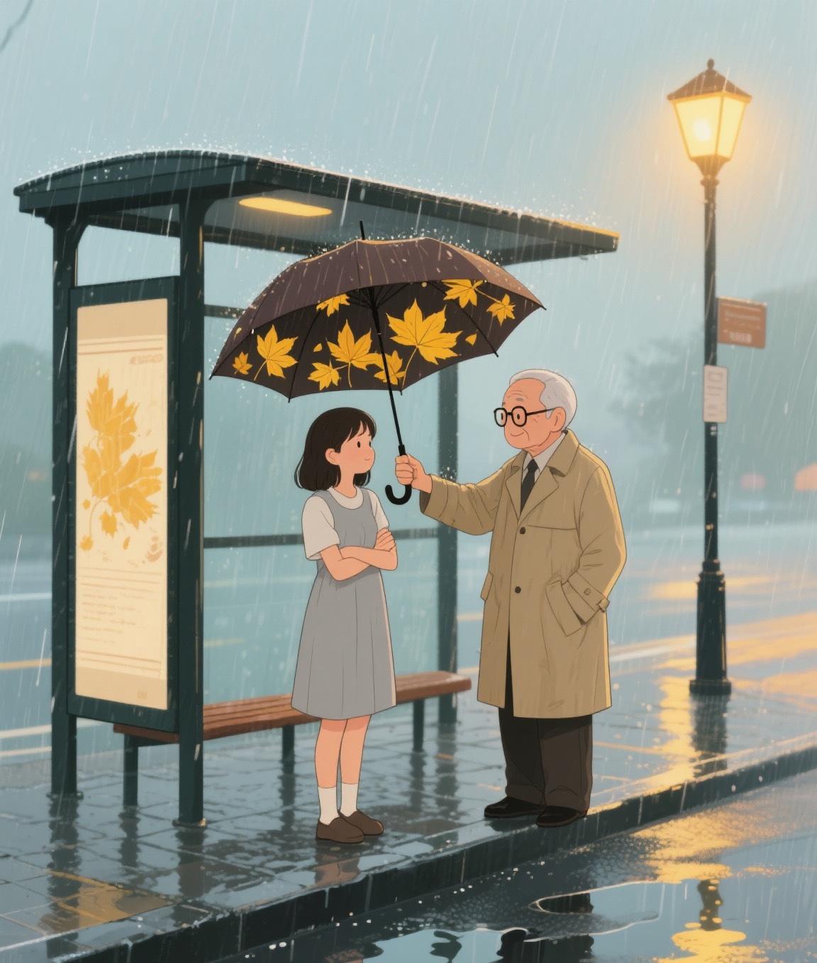 檐角的雨珠串成帘，困住赶路的人。
她抱紧双臂躲在公交站台，看雨水在柏油路绽开墨色