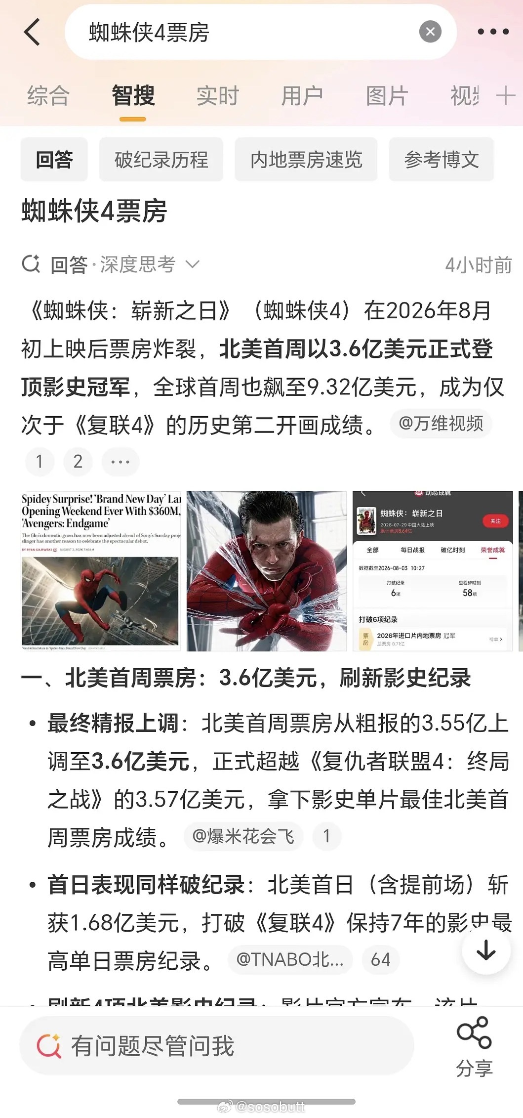 窝去播这么好。蜘蛛侠4这部竟然是红白呀 首周票房已经全球影史第二北美地区第一了说